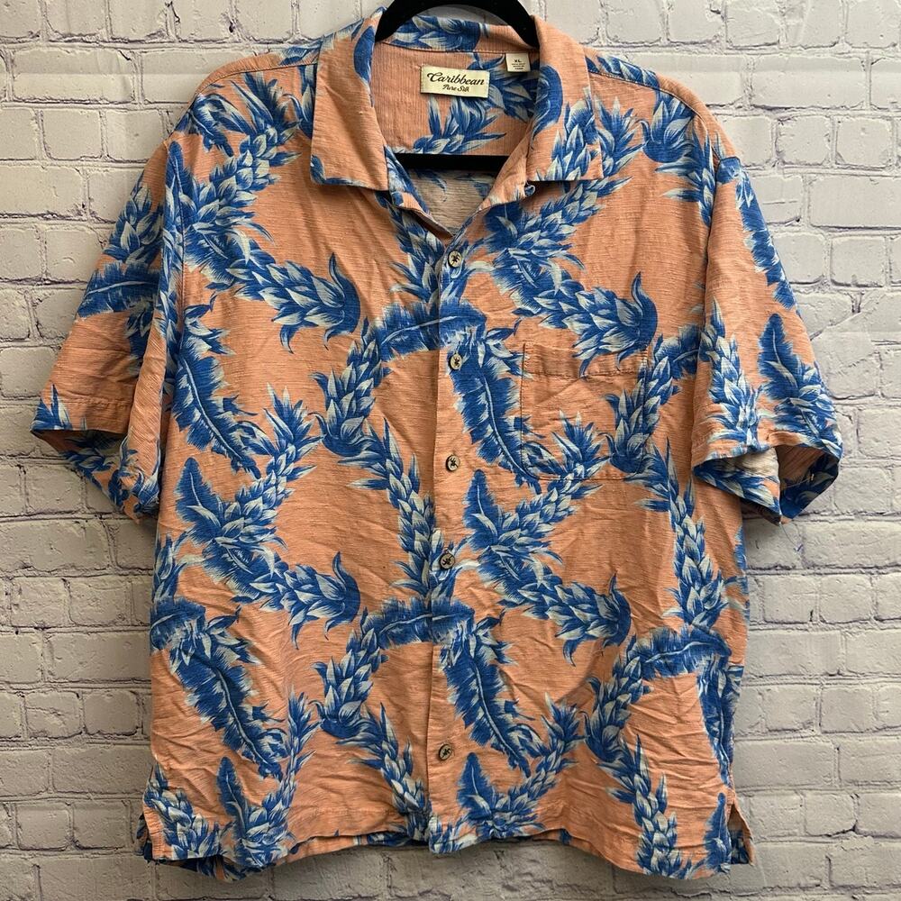 Caribbean Pure Silk Orange Blue Tropical Button Down Shirt Size XL *READ
